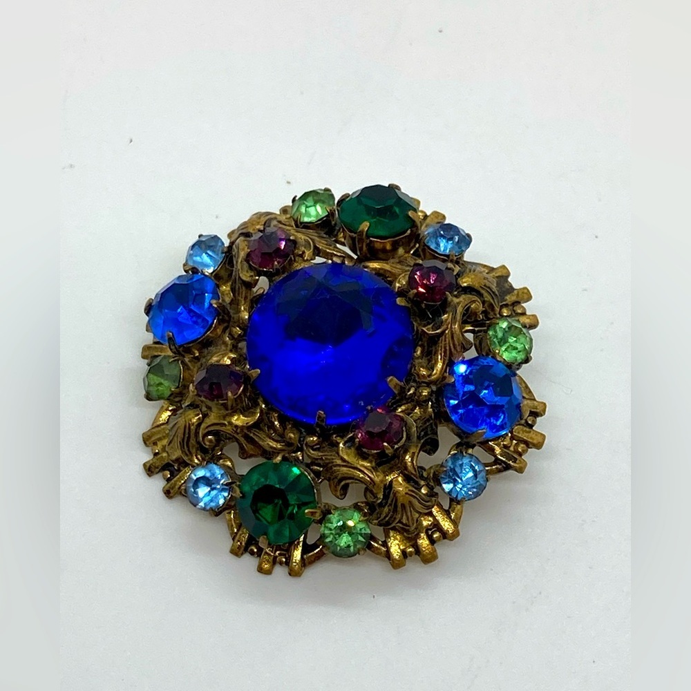 Vtg Czech Multi Colour Rhinestone Crystal Floral Gilt Metal Brooch | 1.4”